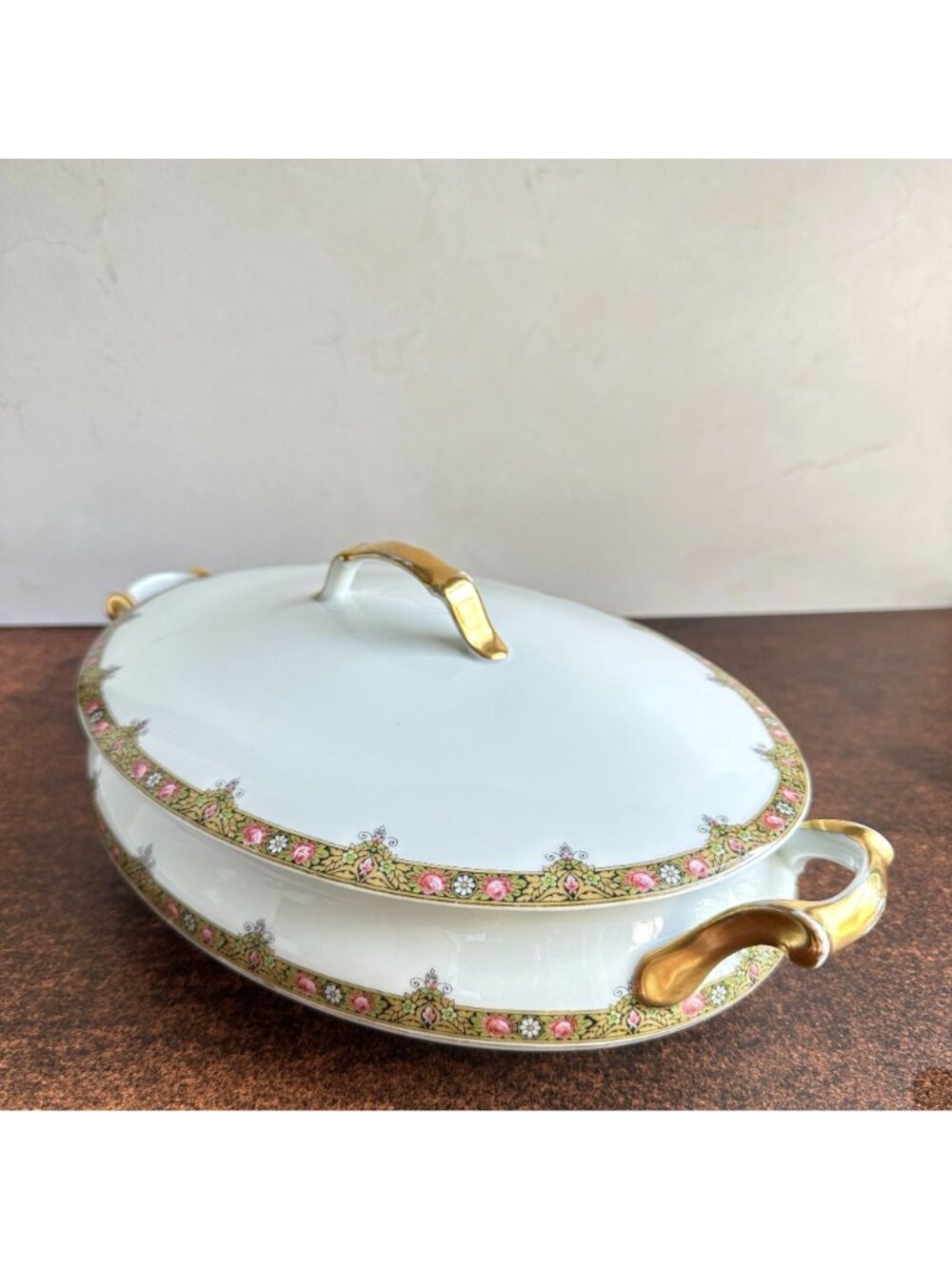 Antique Limoges Covered Vegetable Tureen A Lanternier LNT39 Pink Roses Gold Gilt - Picture 12 of 12